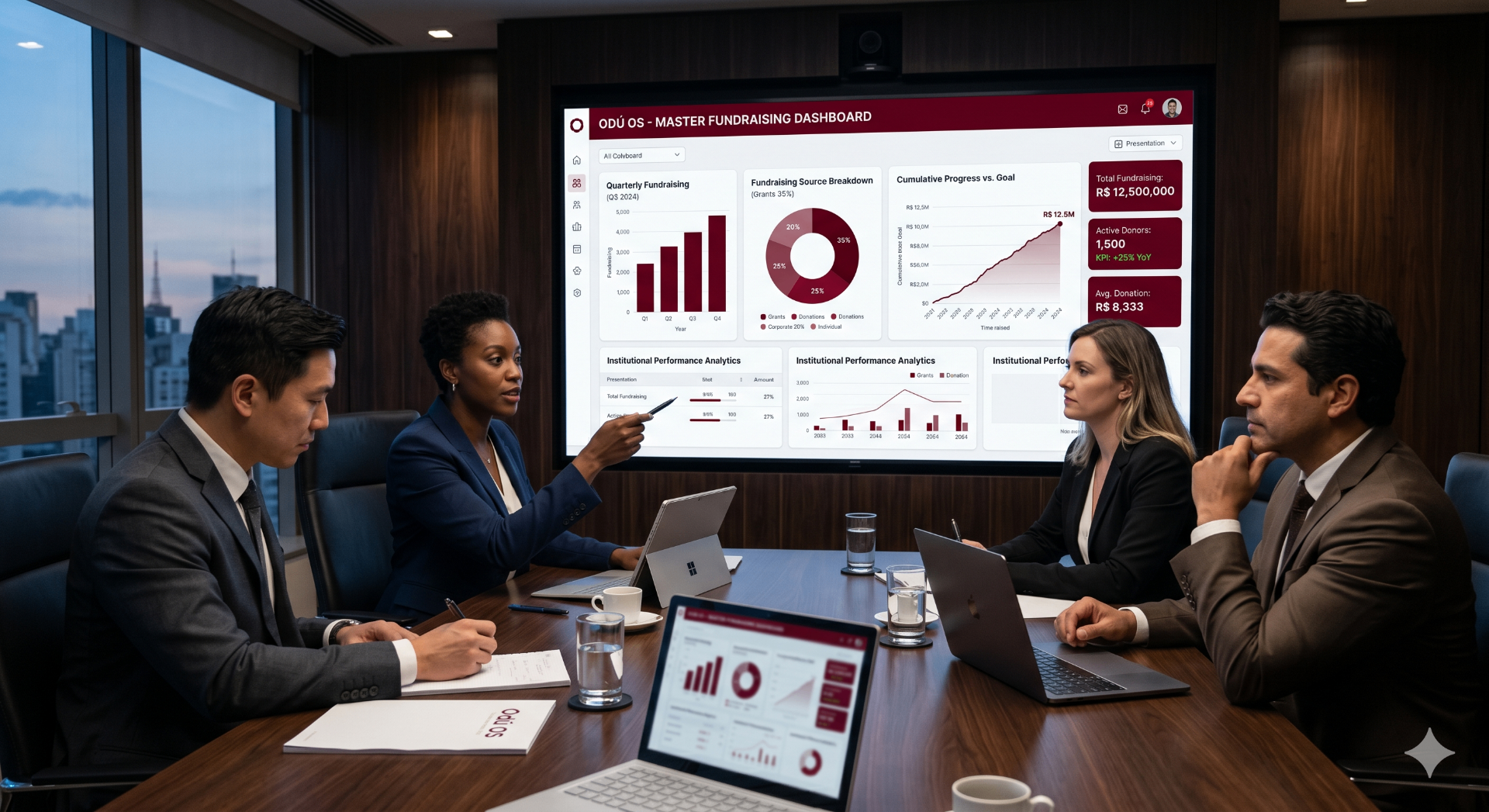 Reunião executiva analisando o painel mestre de captação do Odú OS