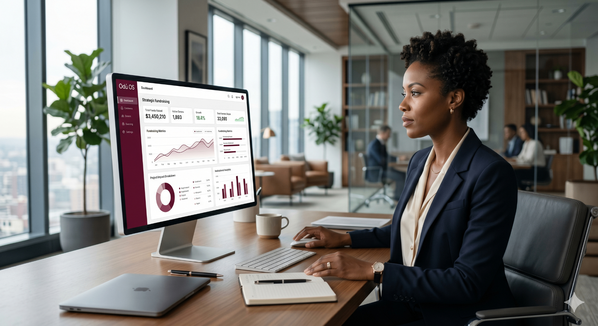 Liderança executiva utilizando o Odú OS em ambiente corporativo